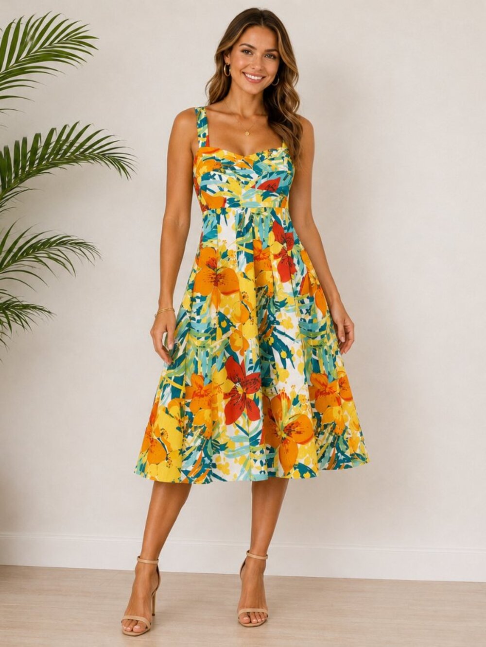 Madison Leigh Boho Sundress Sz 10 Built In Bra Orange Floral Tropical Fit Flare